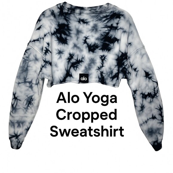 Alo Yoga Monochrome Tie Dye Cropped Sweatshirt XS Deep Navy White Lounge Top - Picture 1 of 8